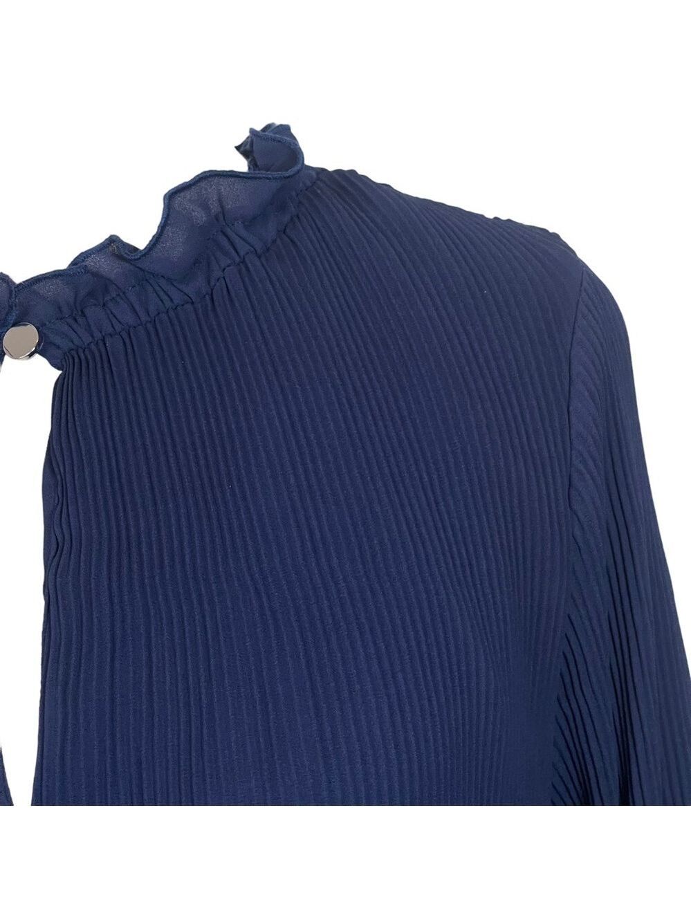 Halston Blue High Neck Keyhole Pleated Ling Sleeved Stretch MIDI Dress S… - Picture 4 of 16